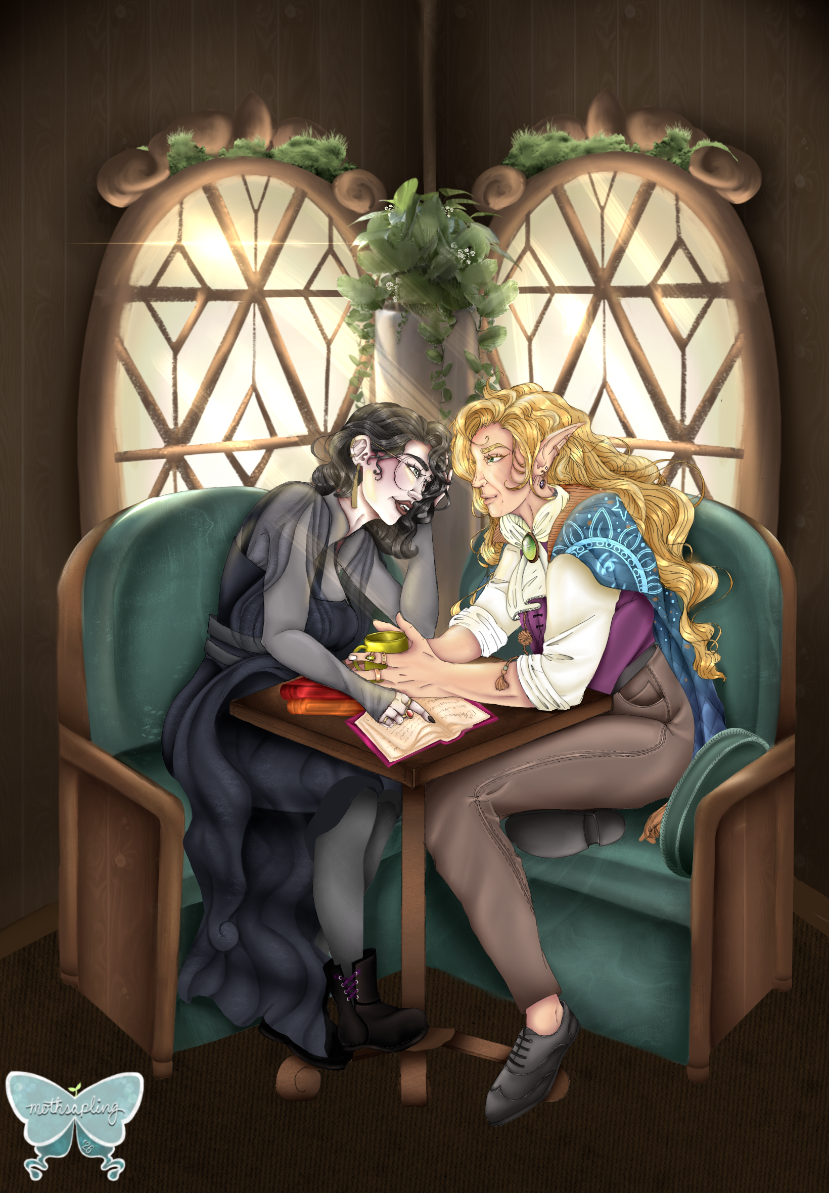 Two characters sharing a quiet moment in a cozy booth by an ornate window, one in dark robes reading a book while the other leans in with golden curly hair and pointed ears