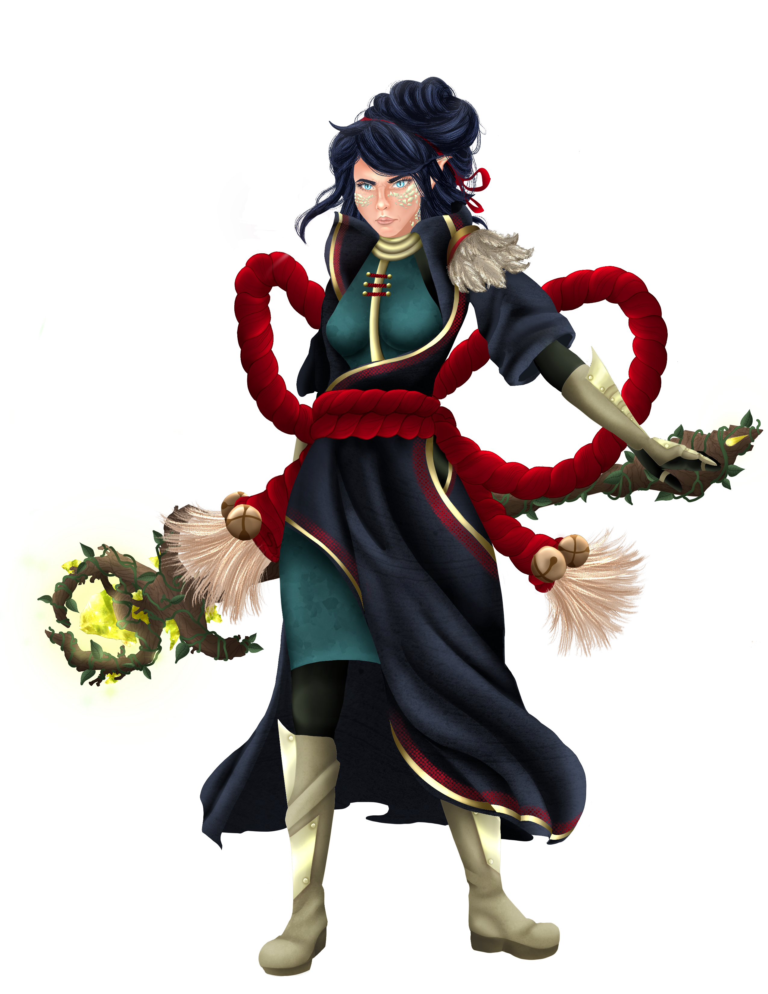 A dark-haired sorcerer in a navy and teal robe with thick red ropes coiling around their waist, with large bells on the end. They're holding a twisted wooden staff with a glowing yellow crystal at one end.