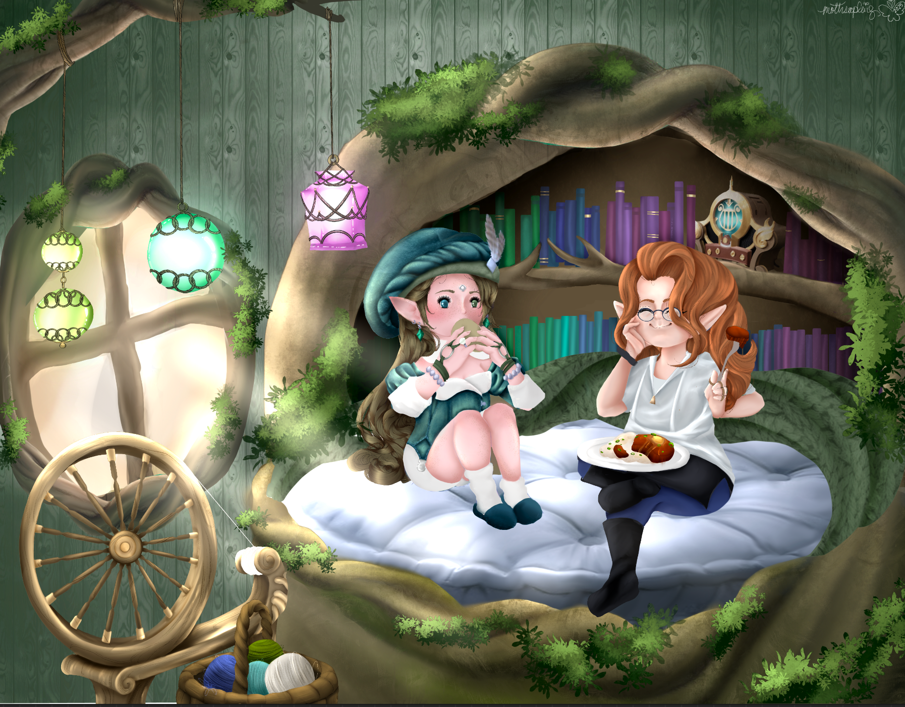 Two small characters relaxing inside a cozy tree hollow home with colorful lanterns, bookshelves, and a yarn spinning wheel, sharing snacks on a plush cushion