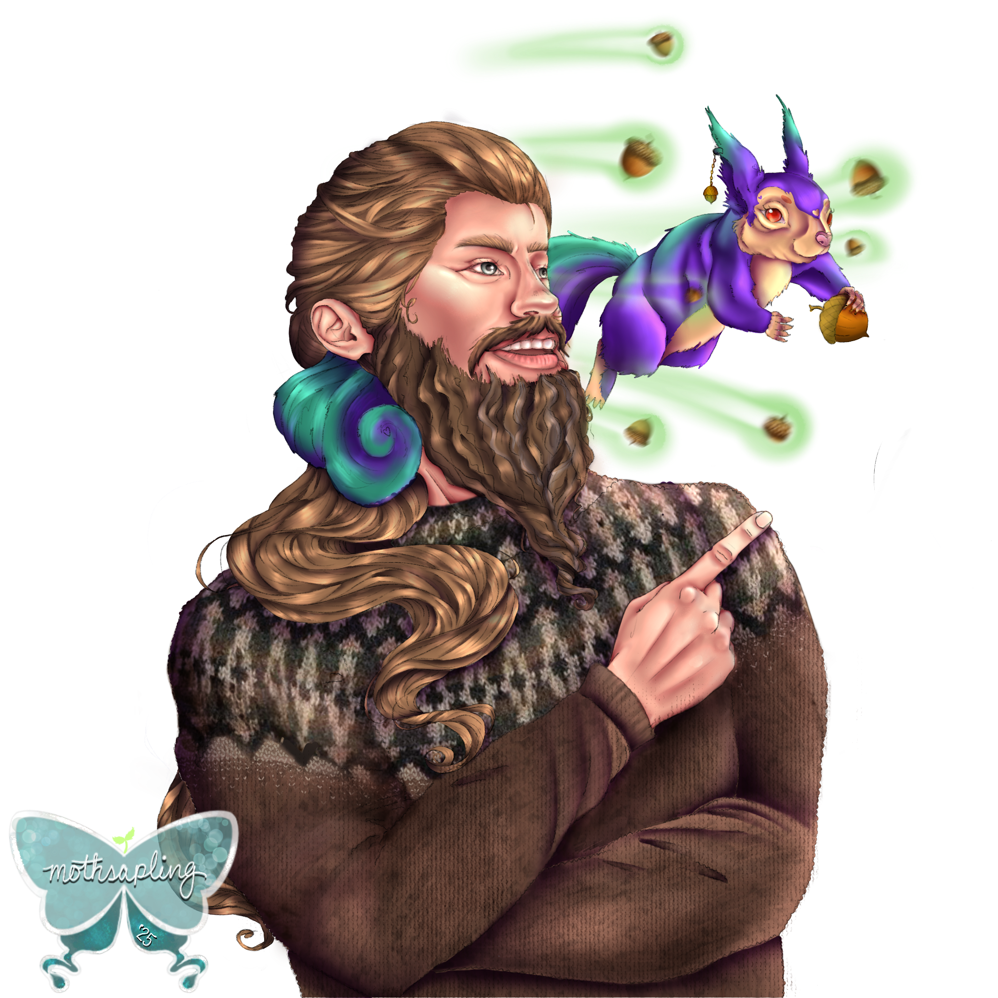 A bearded man with long honey-blonde hair wearing a patterned knit sweater, accompanied by a small purple squirrel surrounded by green magical acorns