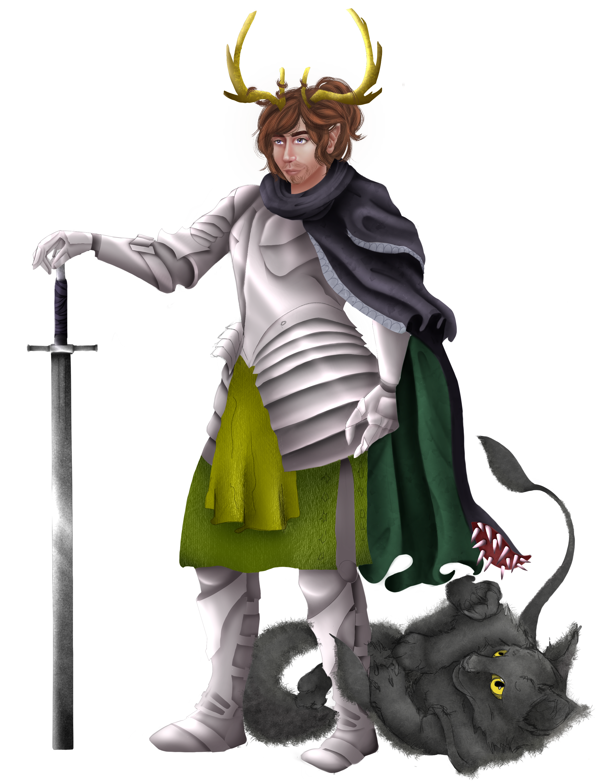 An armored knight with antlers standing with a greatsword, wearing  plate armor with green fabric. At their feet is a large black kitten with tentacles growing from its back.