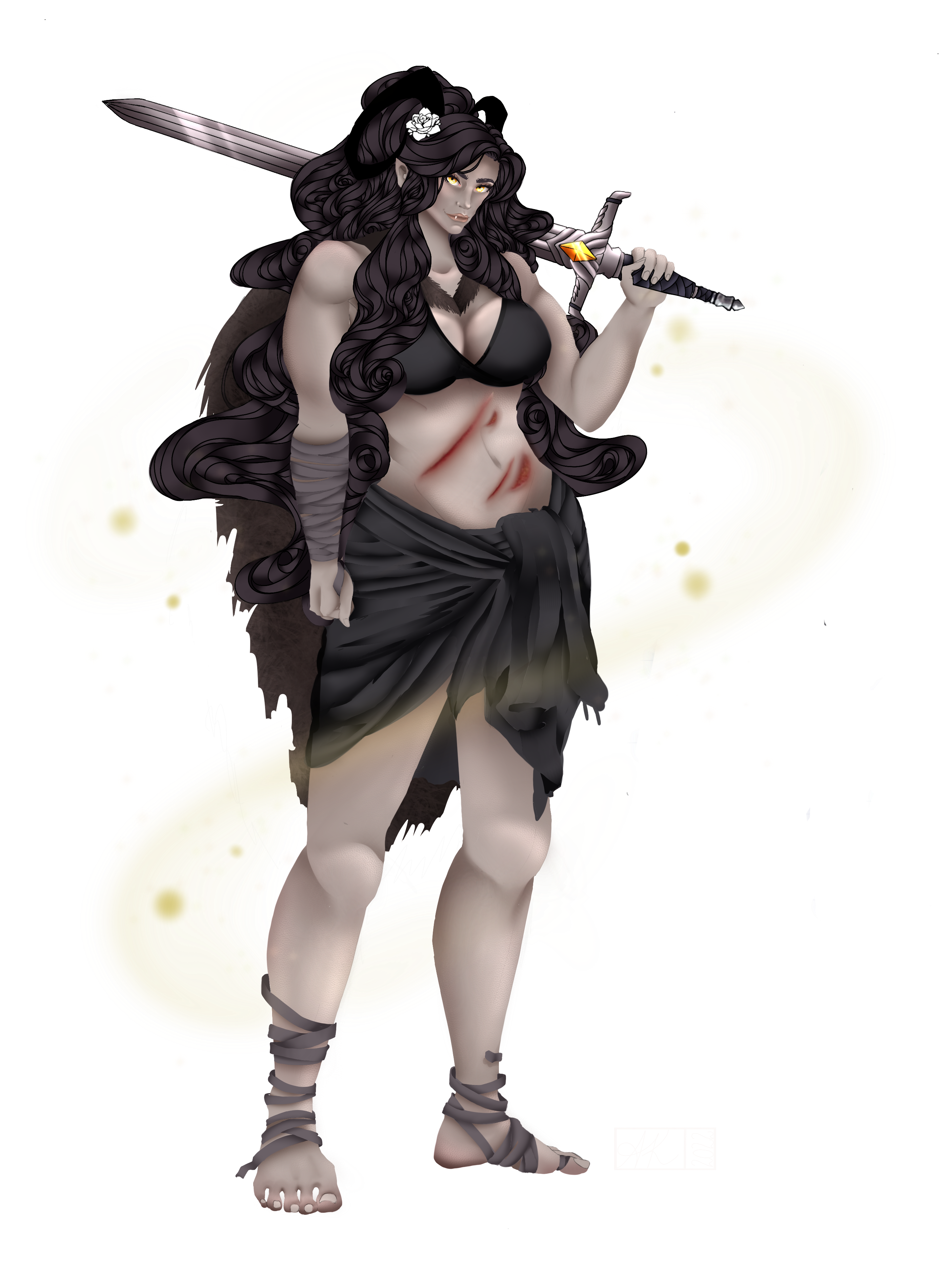 A muscular warrior woman with long flowing black hair wielding a longsword, surrounded by sweeping golden energy.
