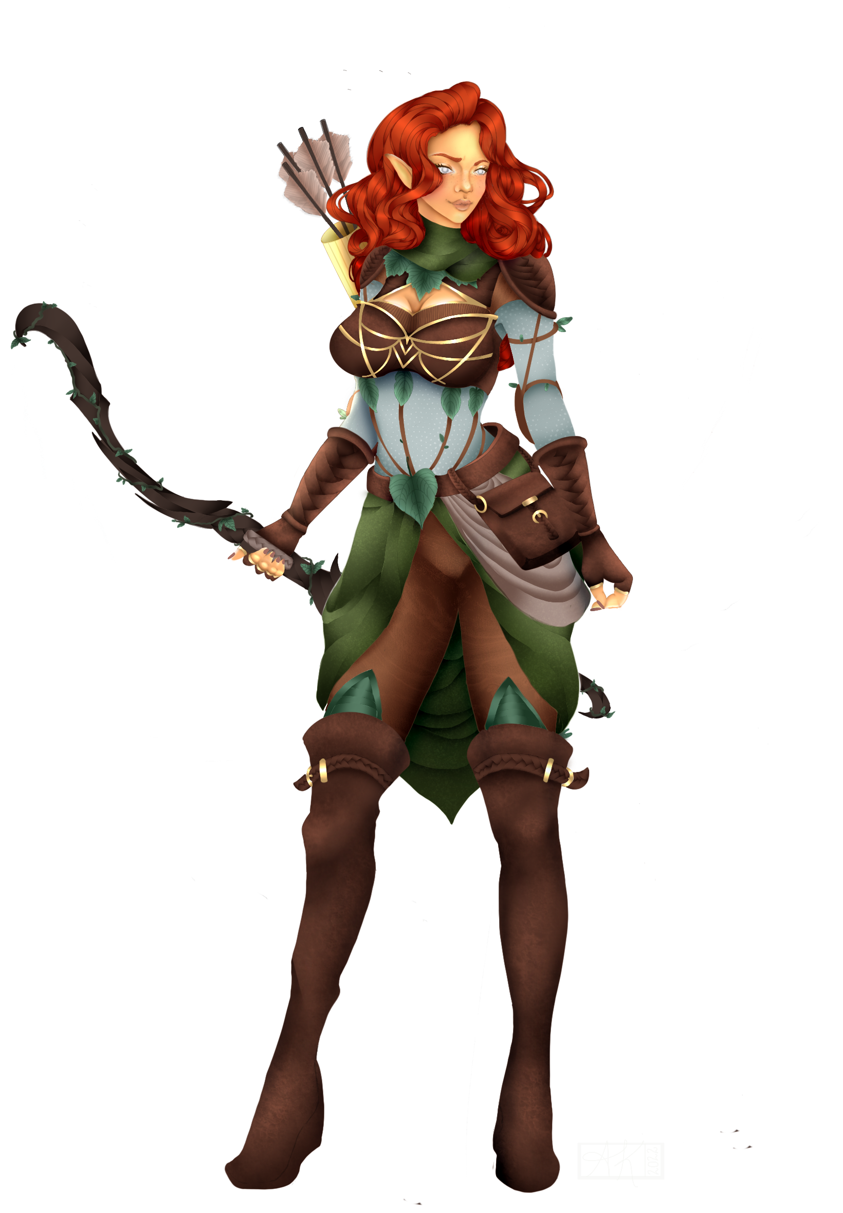 A red-haired elf ranger in green and brown leather armor carrying a quiver of arrows and a gnarled wooden bow, with a confident stance