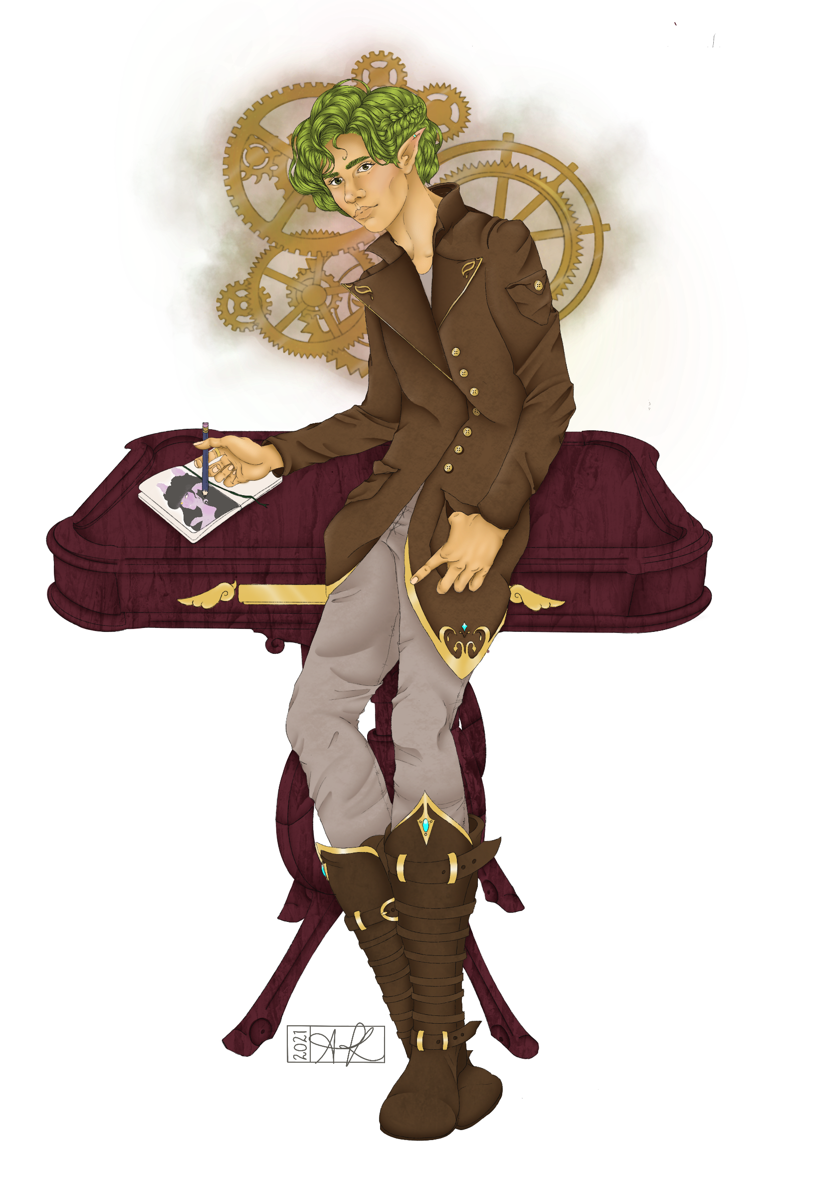 A green-haired young man in a brown steampunk coat leaning on an ornate table, sketching on paper with glowing clockwork gears floating behind him