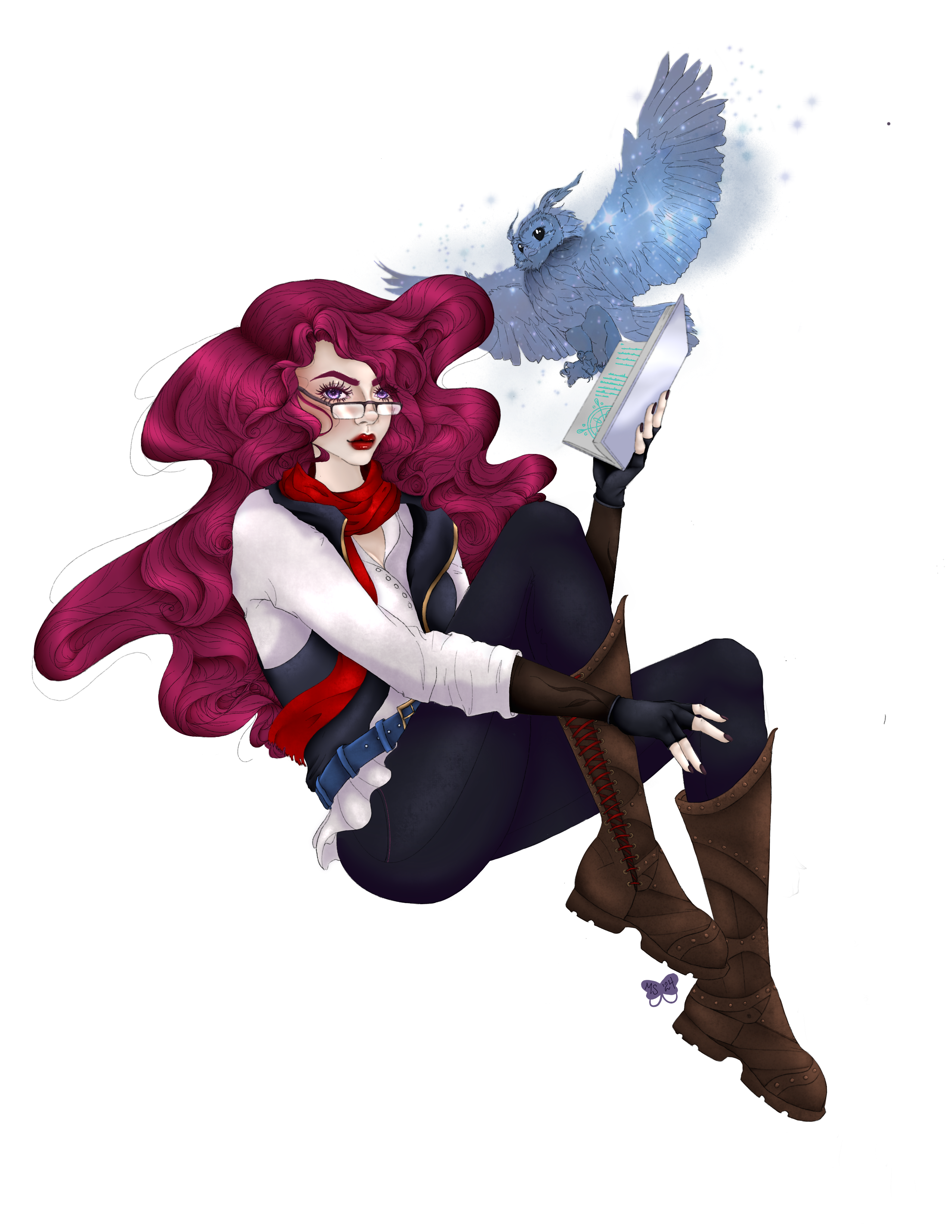 A magenta-haired woman with glasses and a red scarf sitting reading a book, with a spectral blue owl materializing from its pages